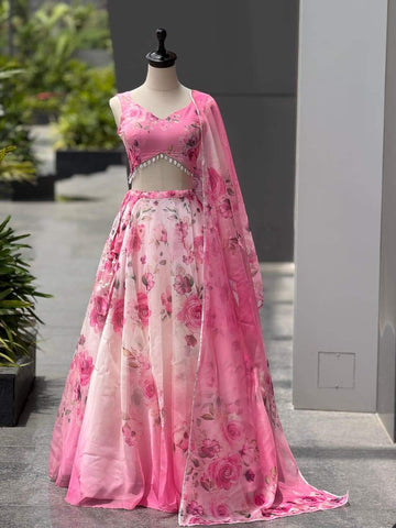 Glorious Pink Organza Digital Printed Lehenga Choli