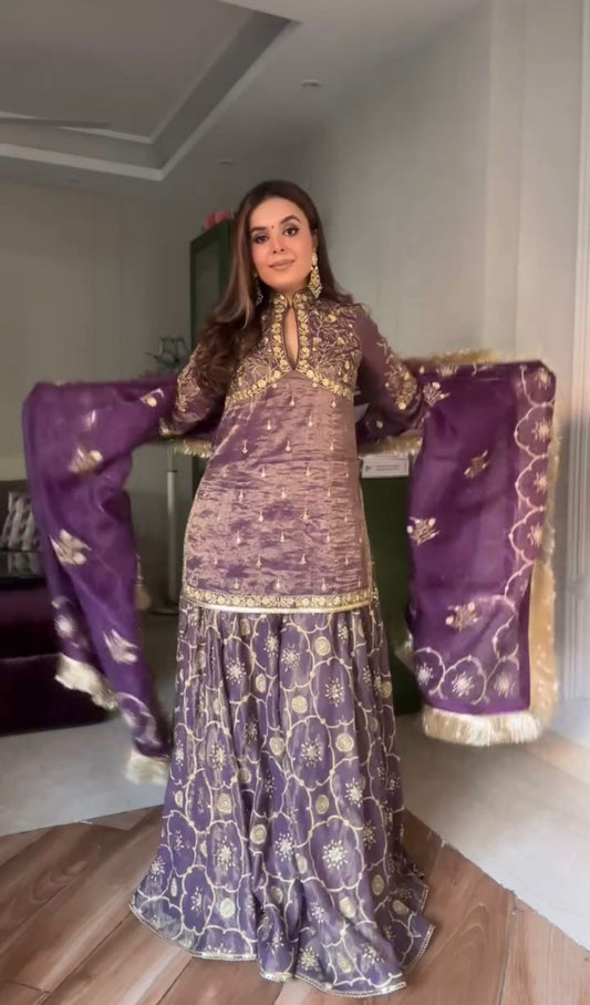 Attractive  Gold Net Embroidery Work Onion Color Sharara Suit