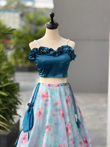 Exclusive Blue Satin with Digital Print Work Lehenga Choli