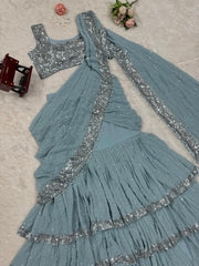 Demanding Blue Color Ready To Wear Lehenga Saree
