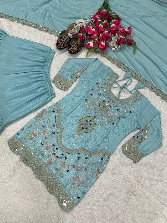 Stylish Heavy Work Sky Blue Color Sharara Suit