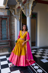 Wonderful Zari Weaving Work Yellow & Pink Color Lehenga Choli