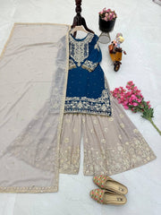 Decent Georgette Teal Blue Color Sharara Suit