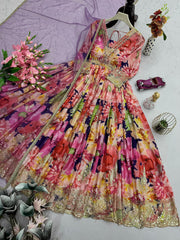 Pretty Multi Color Chinon Silk Embroidery Work Gown