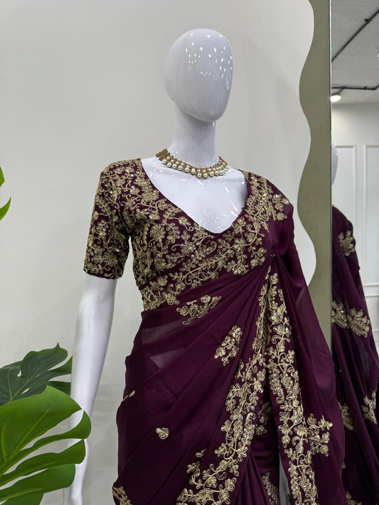 Wedding Wear Rangoli Silk Wine Color Saree