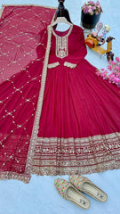 Outstanding Embroidery Sequence Work Red Color Gown