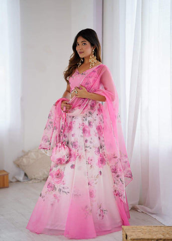Glorious Pink Organza Digital Printed Lehenga Choli
