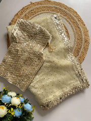 Stylish Cream Color Organza Mirror Work Saree