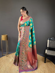 Gorgeous Silk Patola Weaving Teal Blue Color Saree