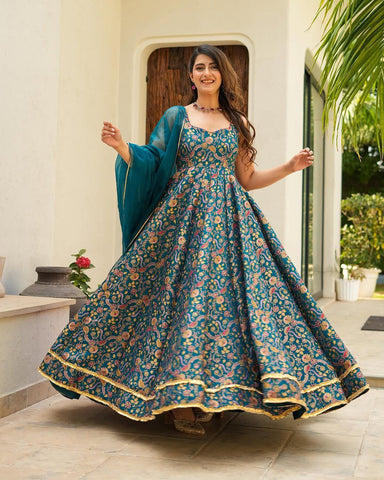 Lovely Teal Blue Organza Digital Printed Gown
