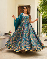Lovely Teal Blue Organza Digital Printed Gown