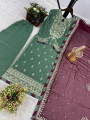 Fantastic Green Color Embroidery Work Top with Palazzo Suit