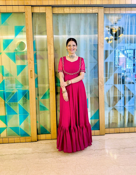 Wonderful Embroidery Work Red Color Gown With Koti