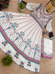Gorgeous White Chinon Embroidery Work Gown