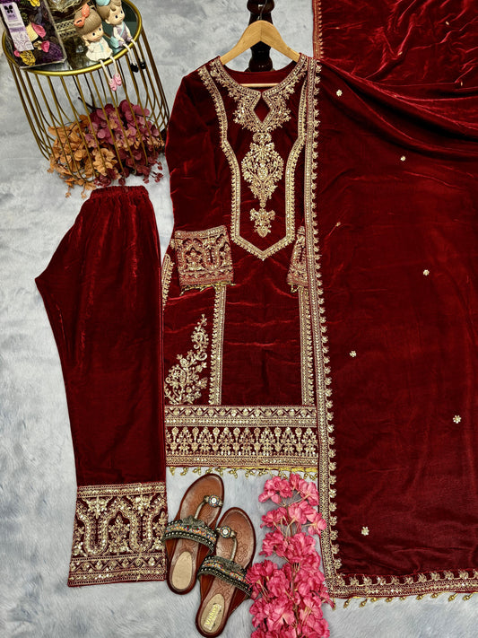 Delightful Red Color Velvet Salwar Suit