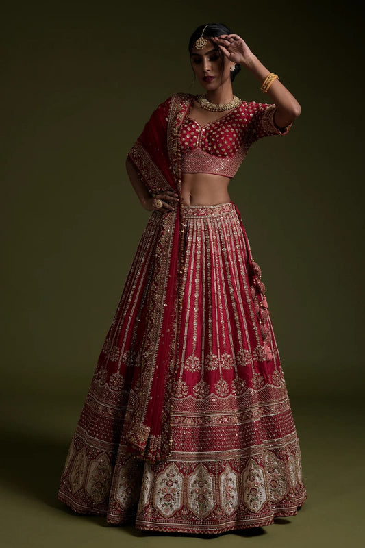 Red Color Bridal Wear Dori With Thread Work Lehenga Choli