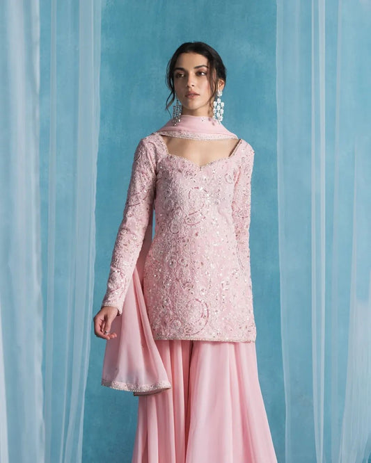 Alluring Pink Georgette Sequence Work Sharara Suit