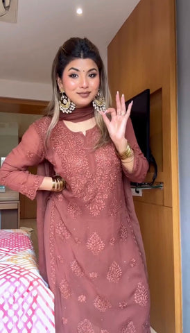 Alluring Pink Color Embroidery Work Palazzo Suit