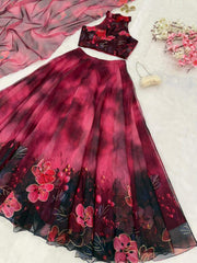 Glorious Pink Color Digital Printed Organza Lehenga