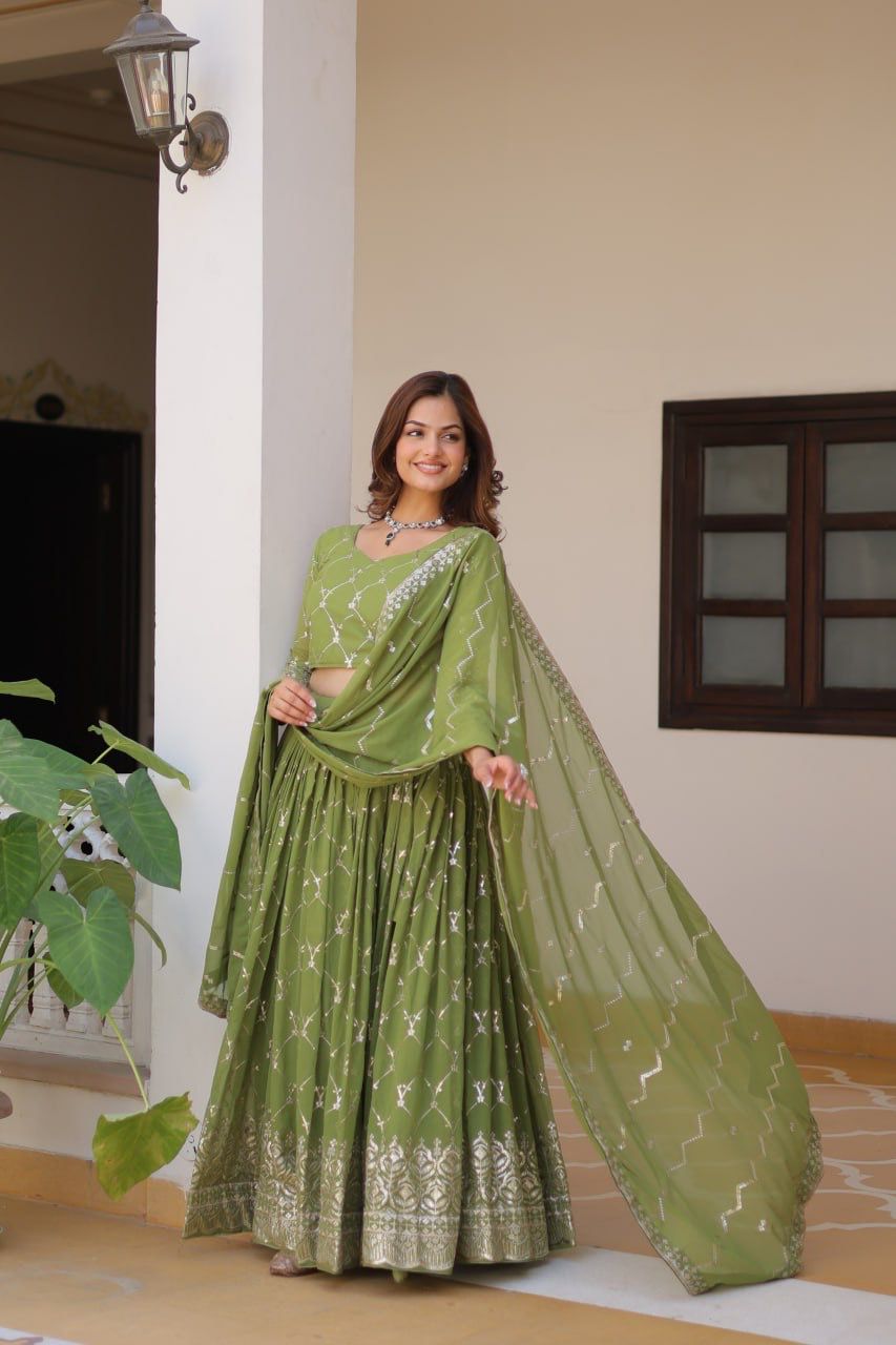 Traditional wear Embroidery Sequence Work Green Color Lehenga Choli