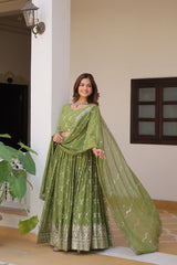 Traditional wear Embroidery Sequence Work Green Color Lehenga Choli