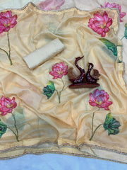 Designer Yellow Tabby Silk with Floral Print Saree
