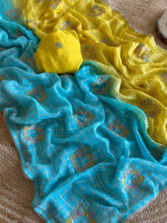 Fantastic Viscose Chiffon Sky Blue & Yellow Color Saree