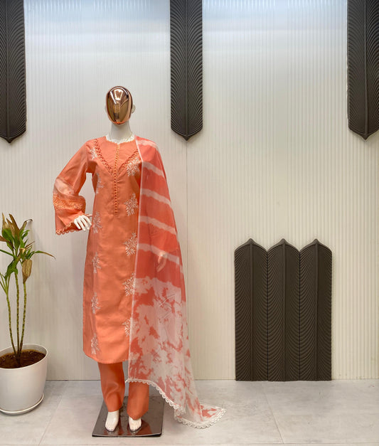 Ravishing Peach Color Embroidery Work Straight Salwar Suit