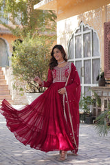 Demanding Embroidery Pearl Work Maroon Color Gown