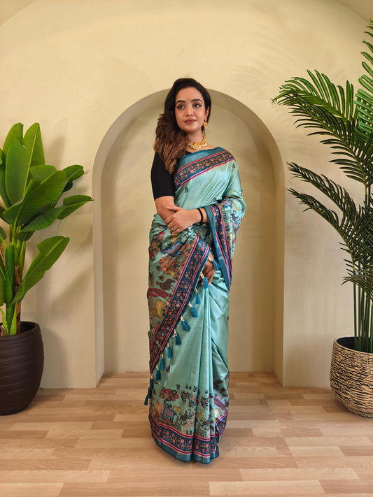 Blissful Digital Print Teal Blue Saree