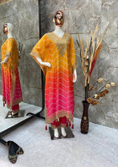Beautiful Chinon Embroidered Work Yellow Multi Color Kaftani Dress