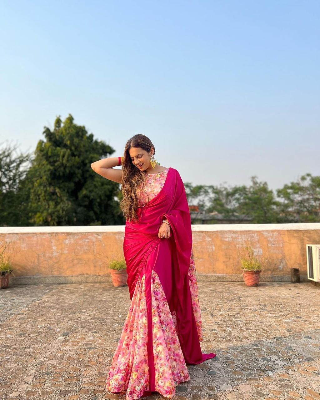 Attractive Printed French Net Pink Color Saree