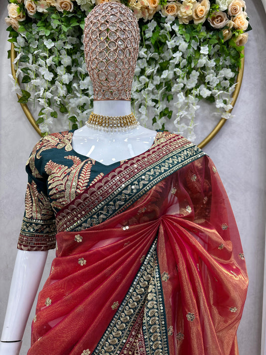 Marriage Special Twill Net Orange Color Saree