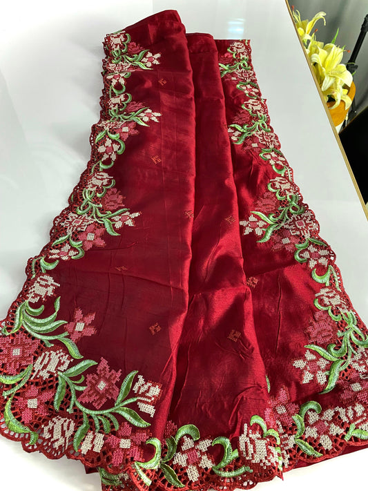Designer Tussar Silk Red Color Saree