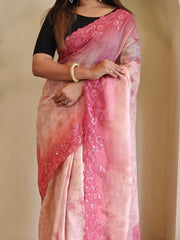 Classic Pink Color Digital Print Organza Saree