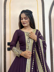 Designer Sequence Work Long Wine Gown WIth Dupatta