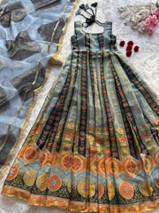 Stylish Multi Color Organza Digital Work Gown