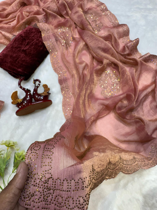 Elegant Diamond Work Peach Color Saree