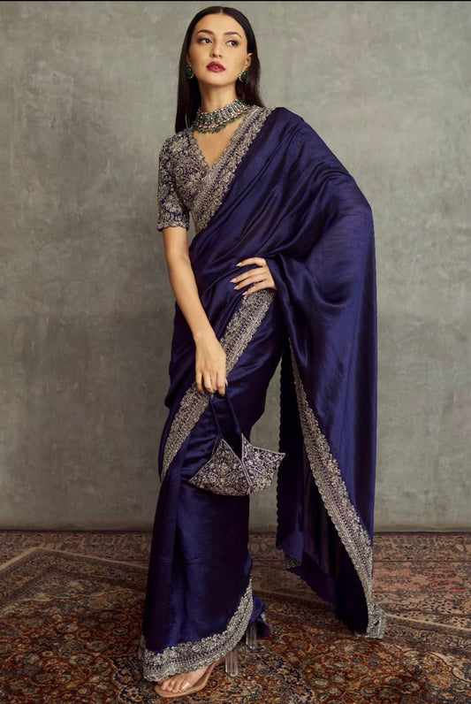 Innovative Purple Color Embroidery Work Silk Saree