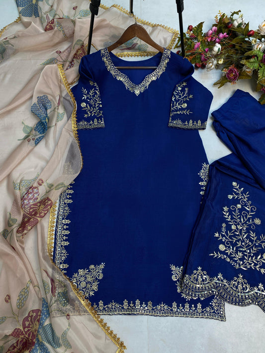 Stunning Chinon Embroidery Work Blue Color Sharara Suit