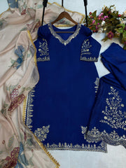 Stunning Chinon Embroidery Work Teal Blue Color Sharara Suit