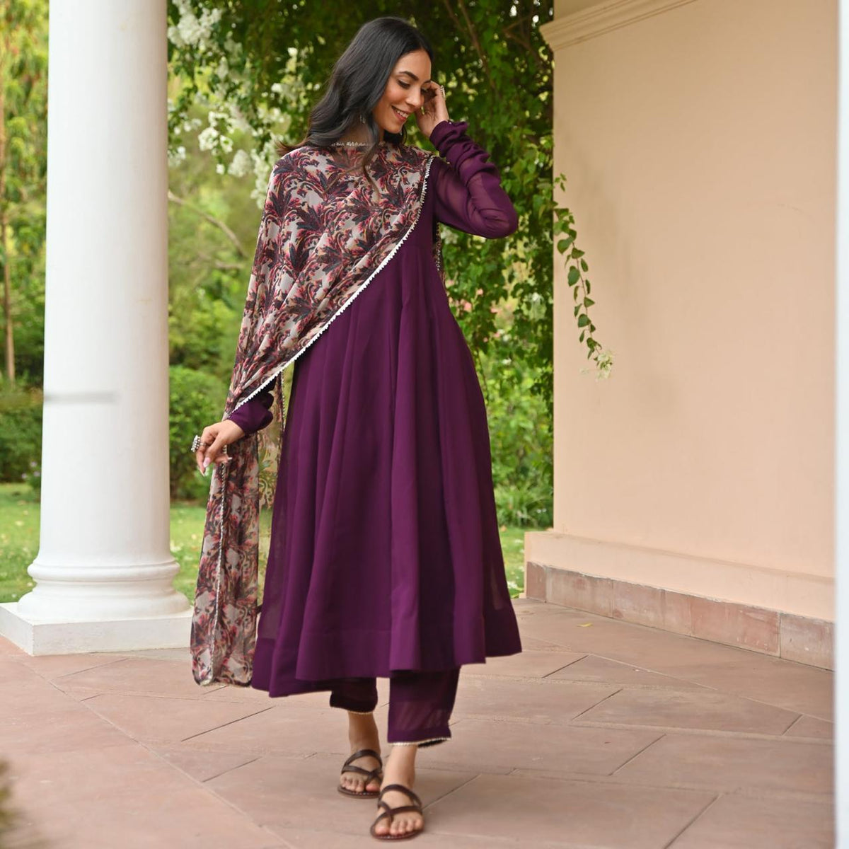 Graceful Georgette Wine Color Gown