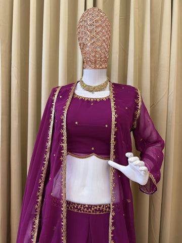 Lovely Purple Georgette Embroidery Koti With Lehenga Set