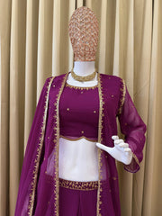 Lovely Purple Georgette Embroidery Koti With Lehenga Set