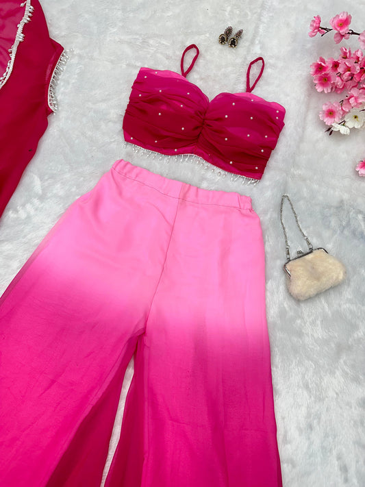 Unique Double Shaded Pink Color Palazzo Top With Shrug