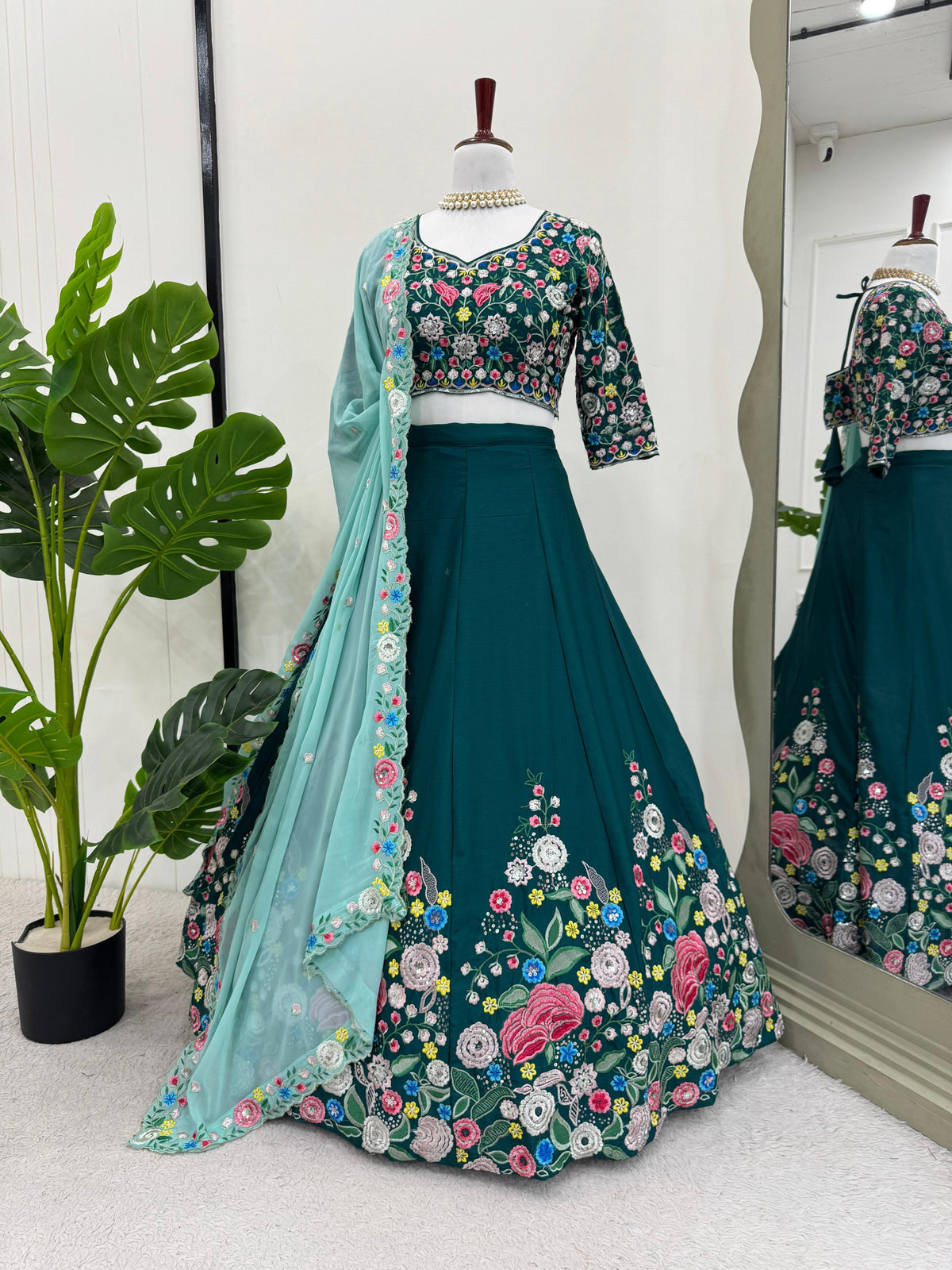 Designer Chinon Silk Sequence Work Green Color Lehenga Choli