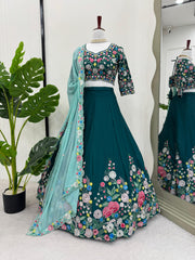 Designer Chinon Silk Sequence Work Green Color Lehenga Choli