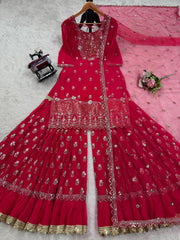Glorious Red Georgette Thread Work Sharara Suit