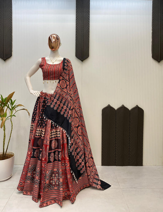 Ravishing Red Color Printed Kodi Lace Lehenga Choli