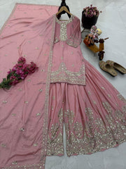 Designer Peach Color Heavy Work Chinon Silk Palazzo Suit